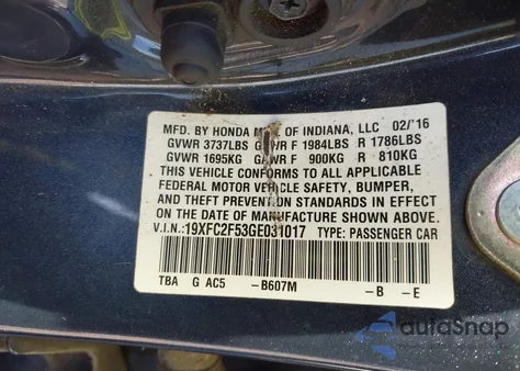 2016 Honda Civic Lx из США, поврежденный, VIN 19XFC2F53GE031017